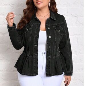 Plus Western Solid Button Down Ruffle Hem Long Sleeve Black Denim Jean Jacket
